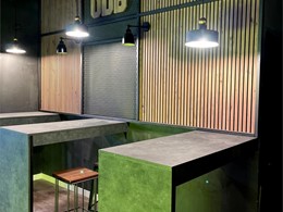 Penelación de pared, Mesas a medida en melamina e Iluminación 