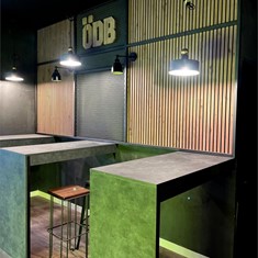 Penelación de pared, Mesas a medida en melamina e Iluminación 